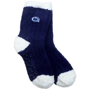 navy fuzzy socks with white heels, toes, and cuffs with Penn State Athletic Logo on side